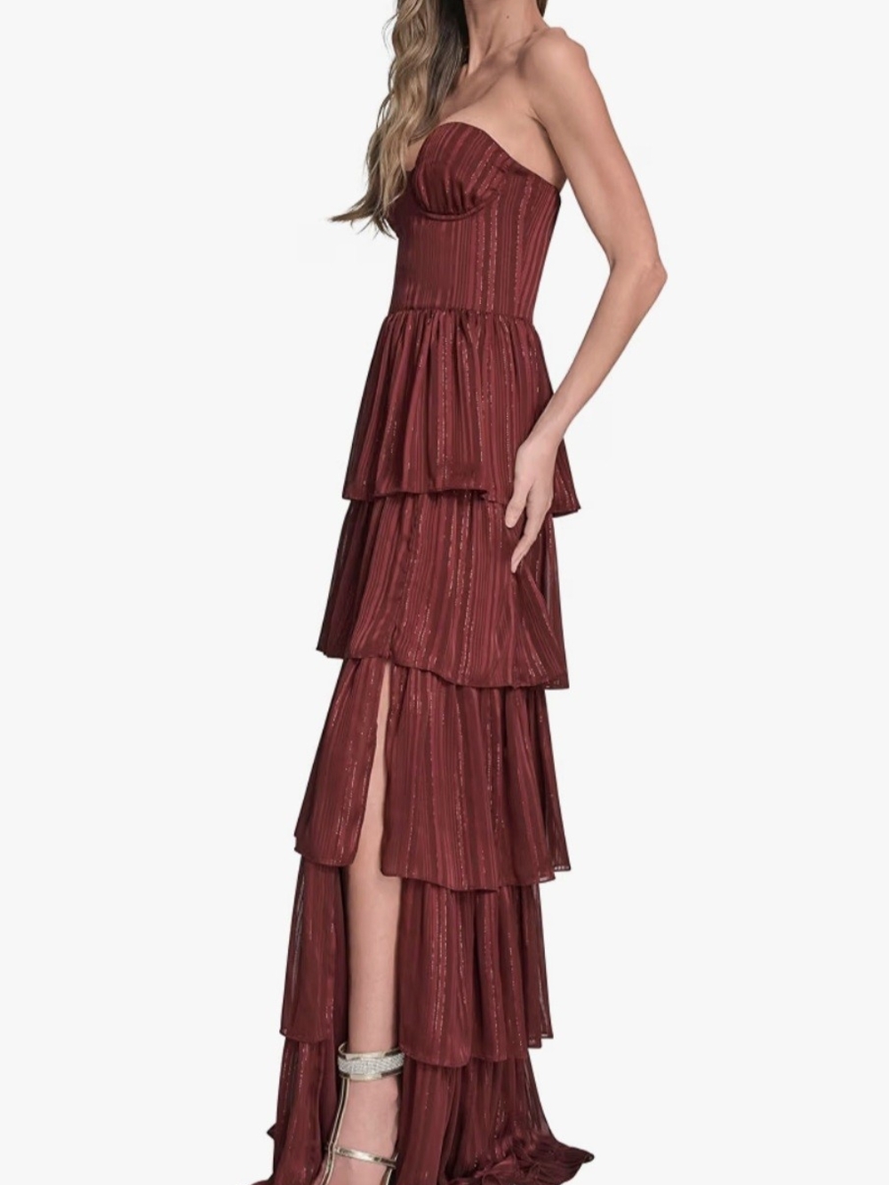 Strapless Burgundy Tiered Ruffled Maxi Dress
